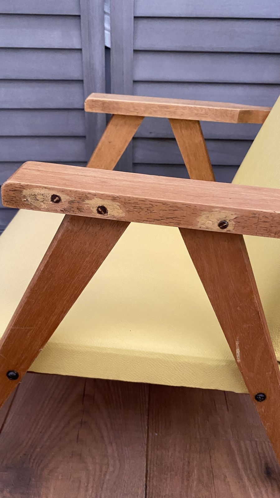 photo for sale Vintage Mcm Danish Style Childs Chair Small Wooden Frame Yellow Vinyl