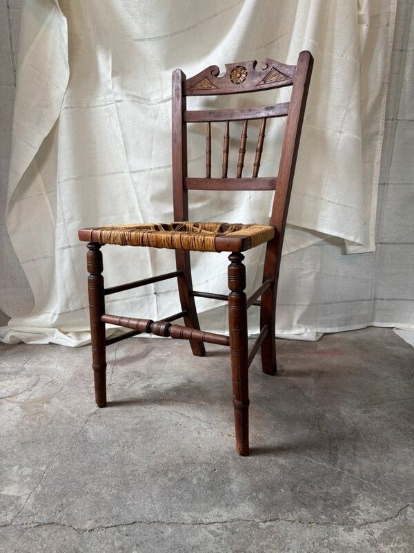 Vintage Wooden Spindle Chair With Carved Back And Woven Seat Frame photo furniture