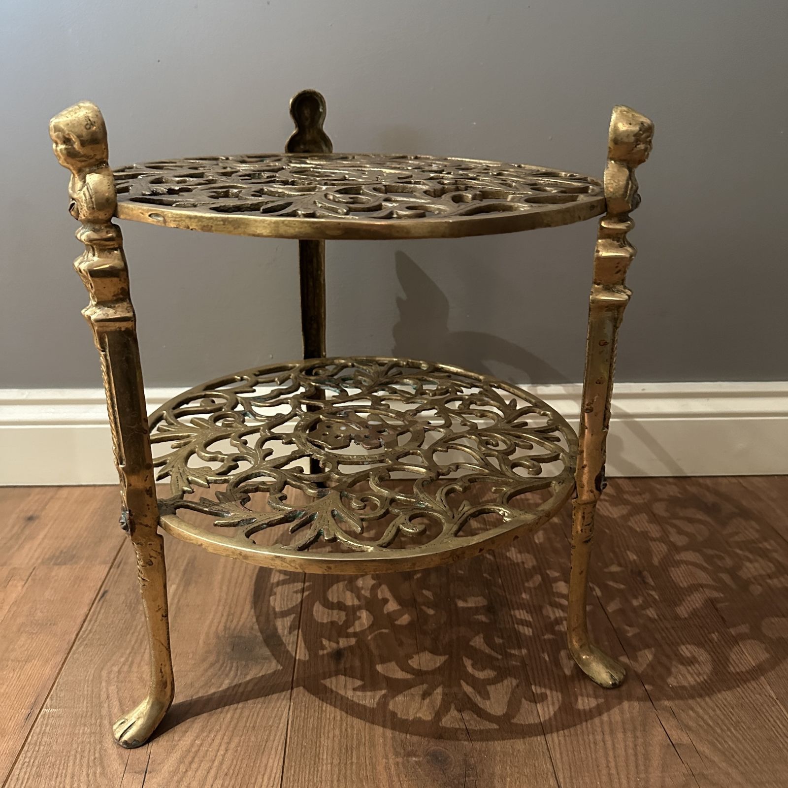 Vintage Ornate Brass 2 Tier Jardiniere Plant Stand Side Table Lion Claw Cherubs
