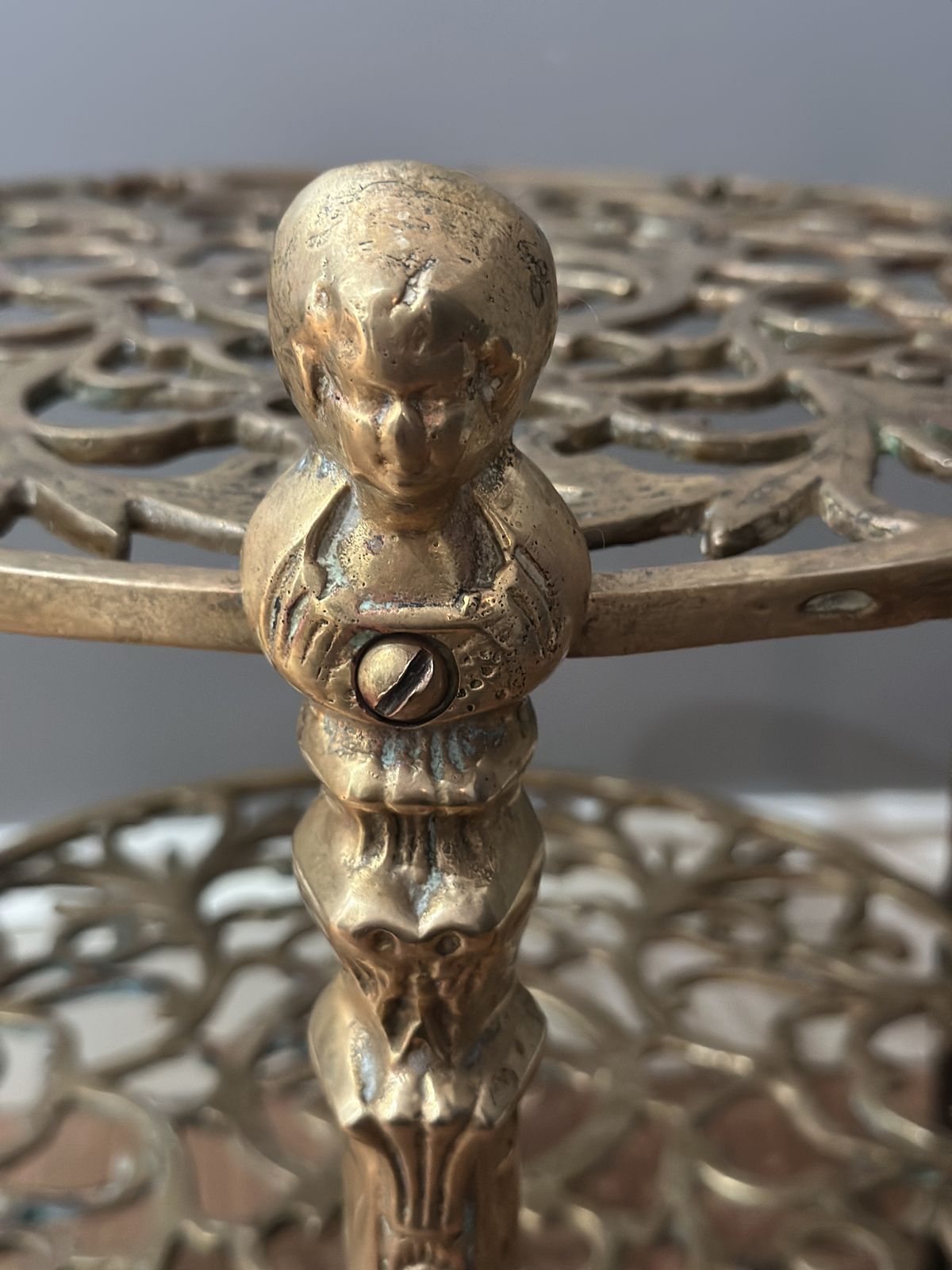 Vintage Ornate Brass 2 Tier Jardiniere Plant Stand Side Table Lion Claw Cherubs photo vinterior