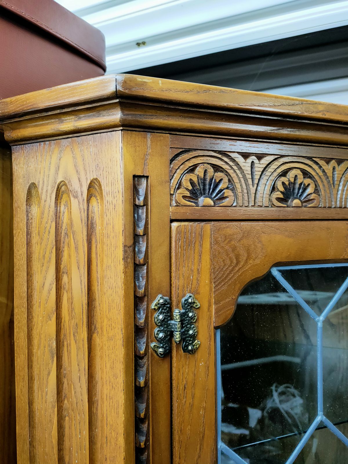 Late Century   Oak Fronted Corner Cabinet, With Ornate Carving And Glass Shelving C1970 photo furniture