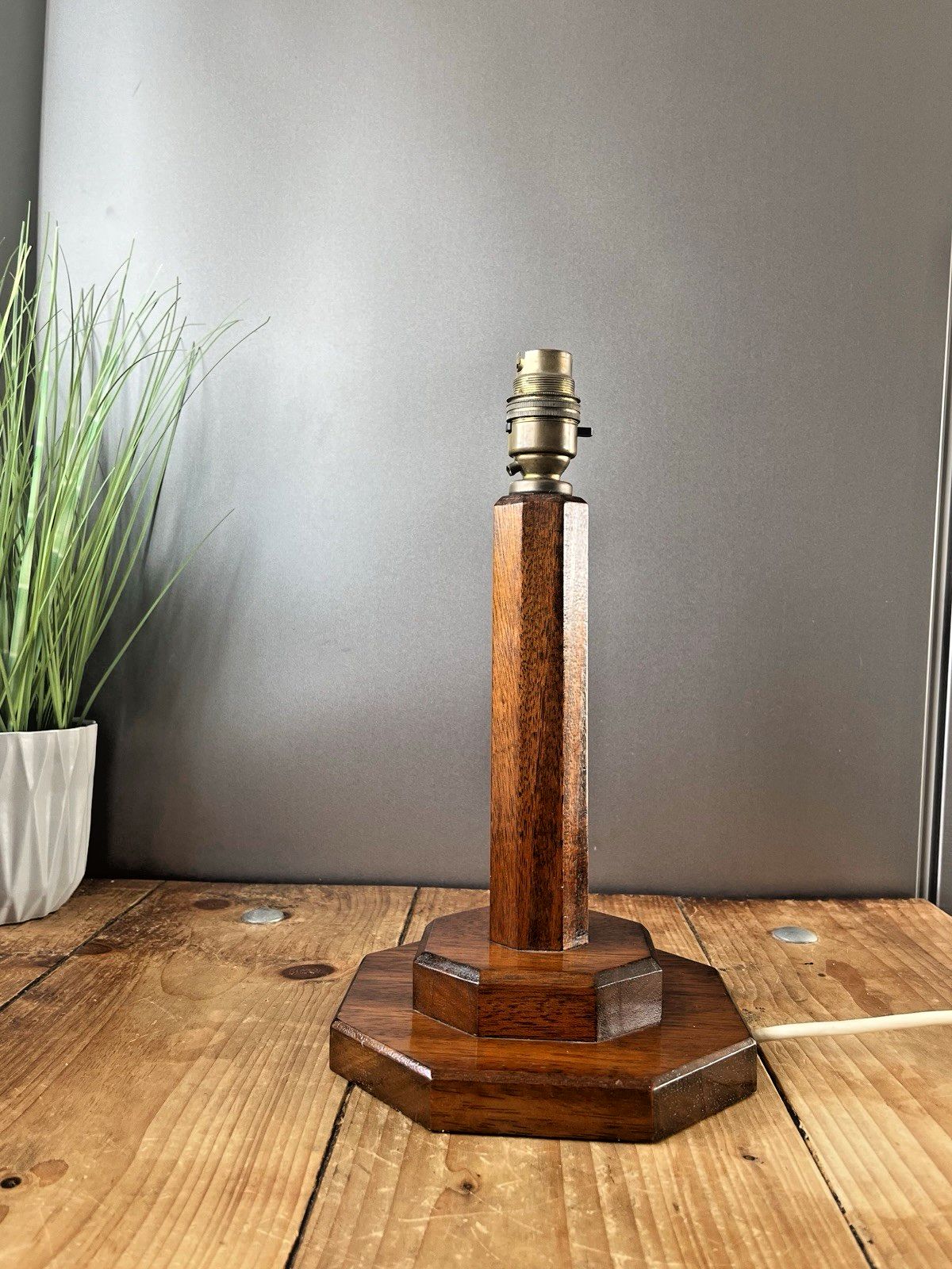 Antique Art Deco Octagonal Oak Faceted Wood Stepped Base Table Desk Lamp Base photo 140.0