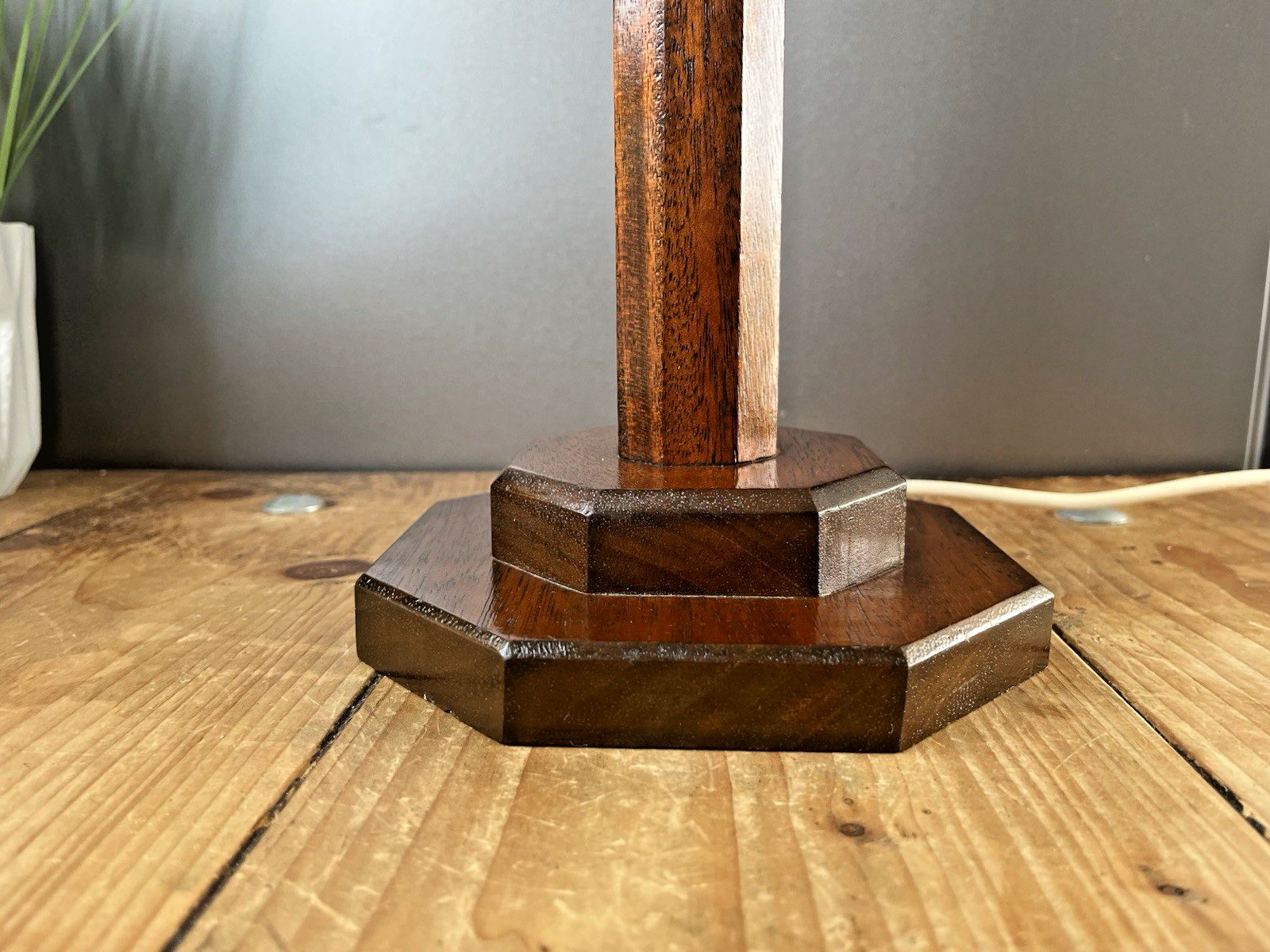 Antique Art Deco Octagonal Oak Faceted Wood Stepped Base Table Desk Lamp Base photo vintage