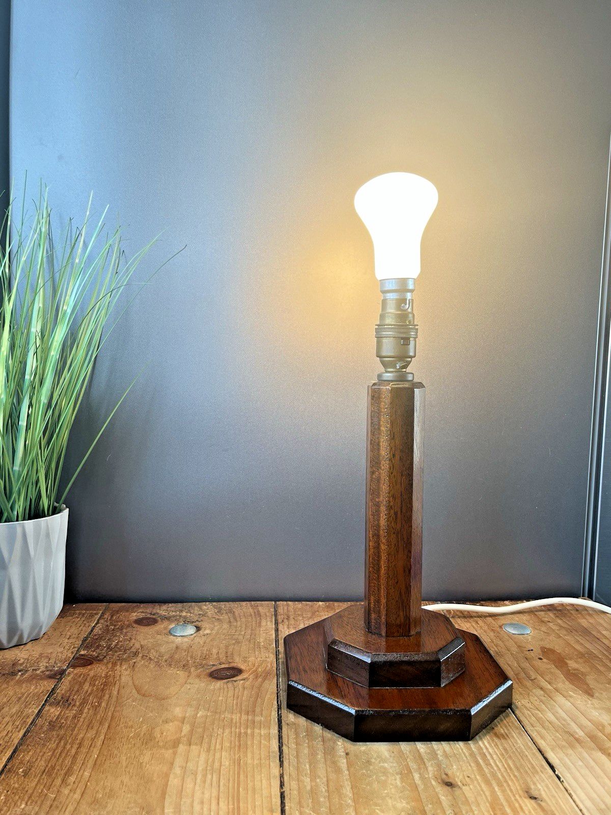 Lighting Antique Art Deco Octagonal Oak Faceted Wood Stepped Base Table Desk Lamp Base photo
