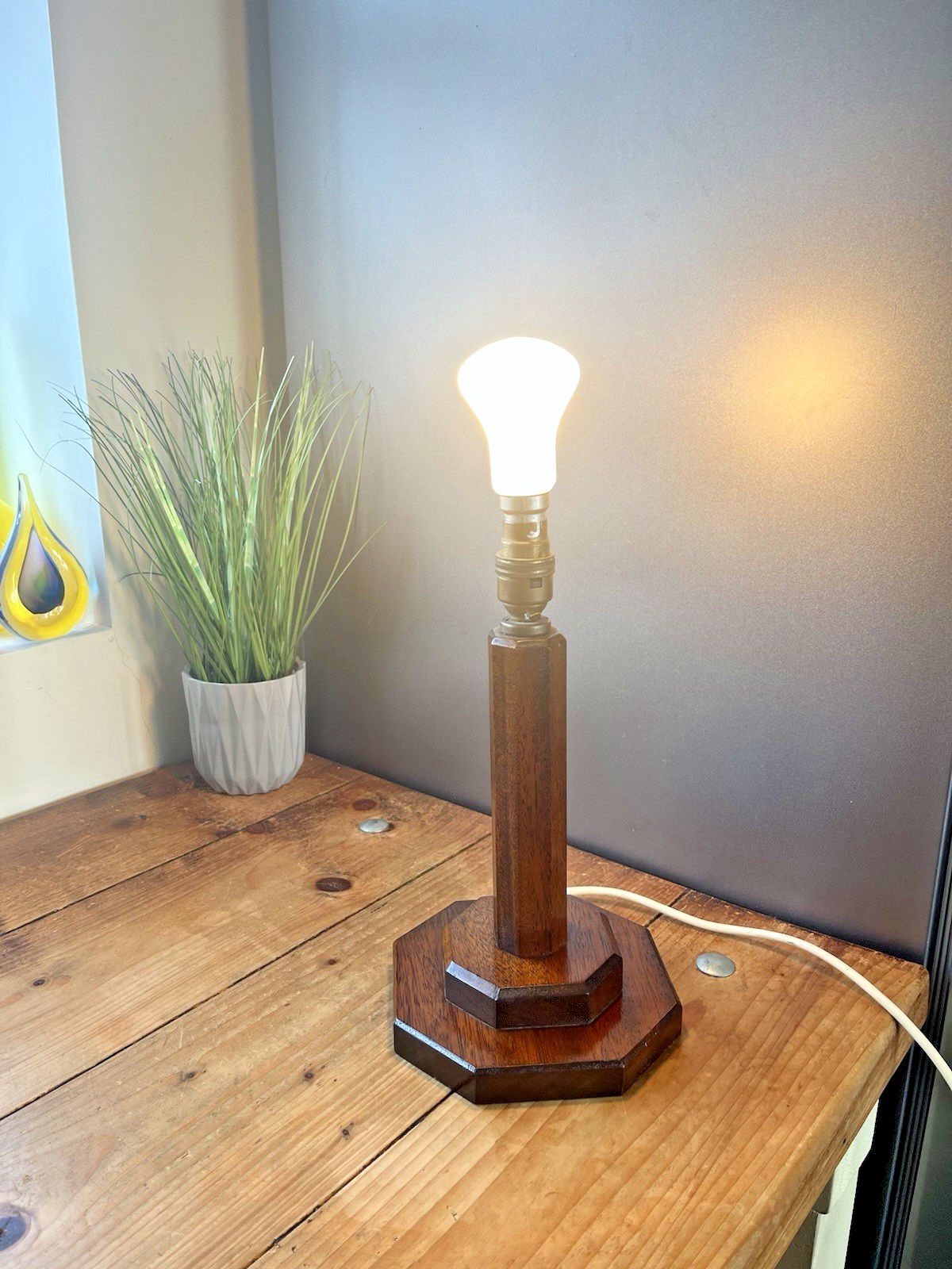 140.0 Antique Art Deco Octagonal Oak Faceted Wood Stepped Base Table Desk Lamp Base photo