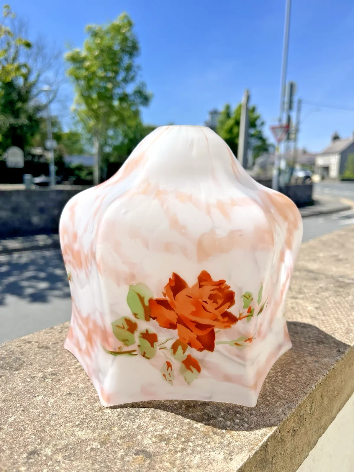Antique 1920's Art Deco Floral Painted Marbled Glass Lamp Light Shade Vintage photo furniture