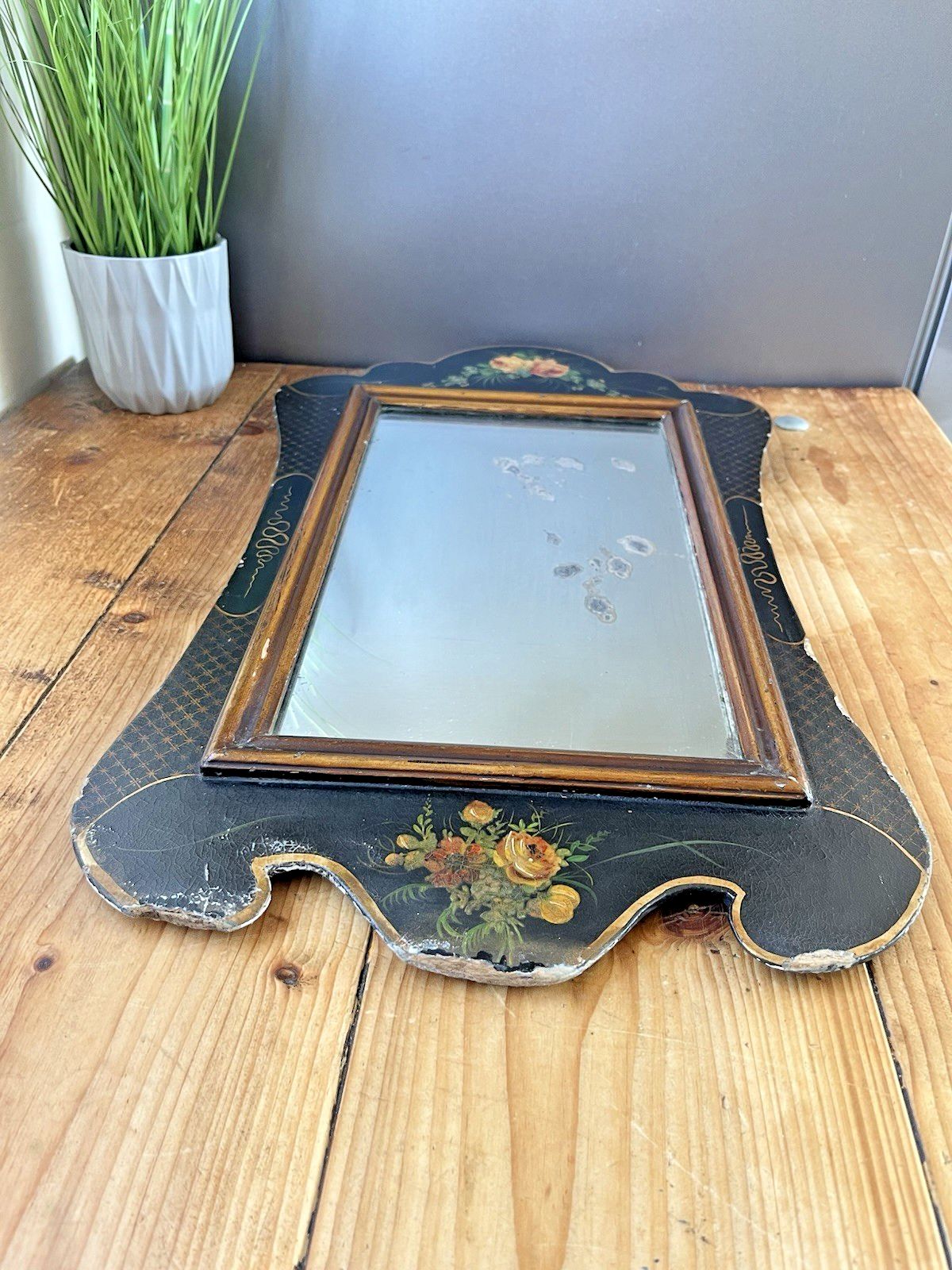 Antique C1890 Aesthetic Movement Lacquered Papier Mache Floral Black Gold Mirror photo 395.0