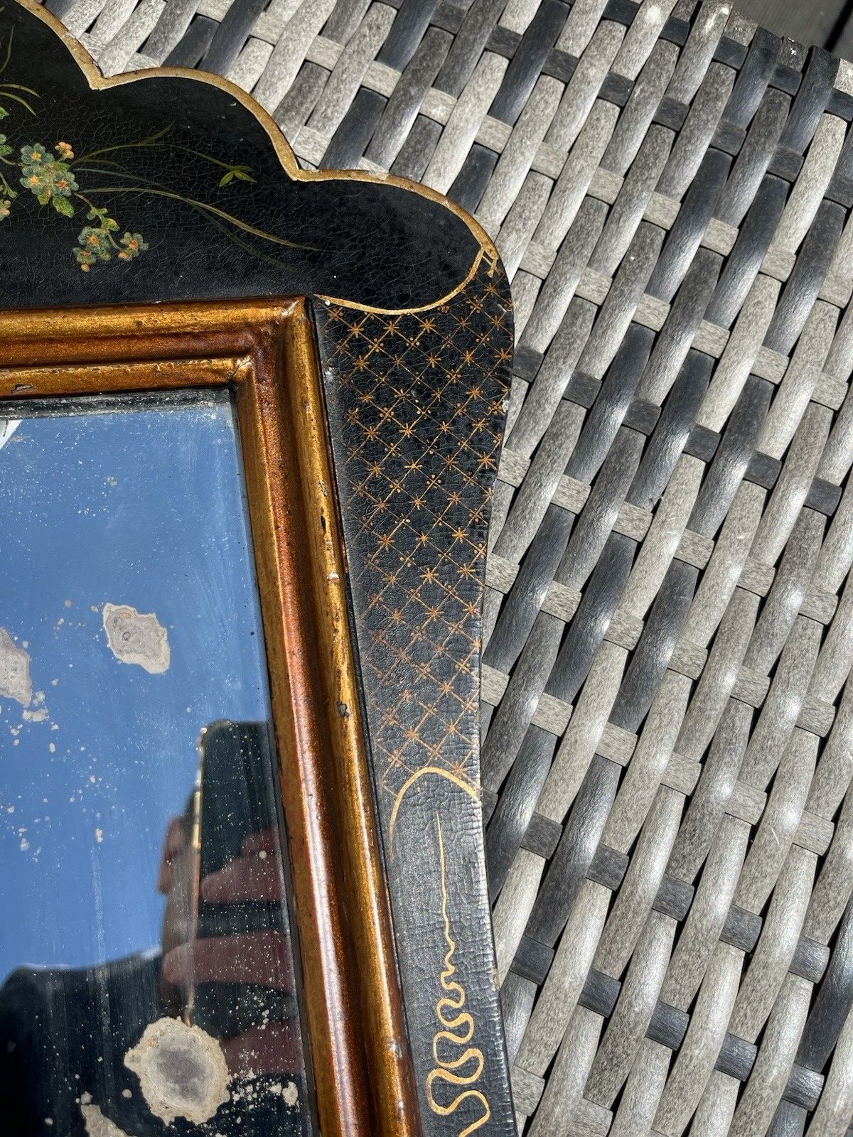 395.0 Antique C1890 Aesthetic Movement Lacquered Papier Mache Floral Black Gold Mirror photo