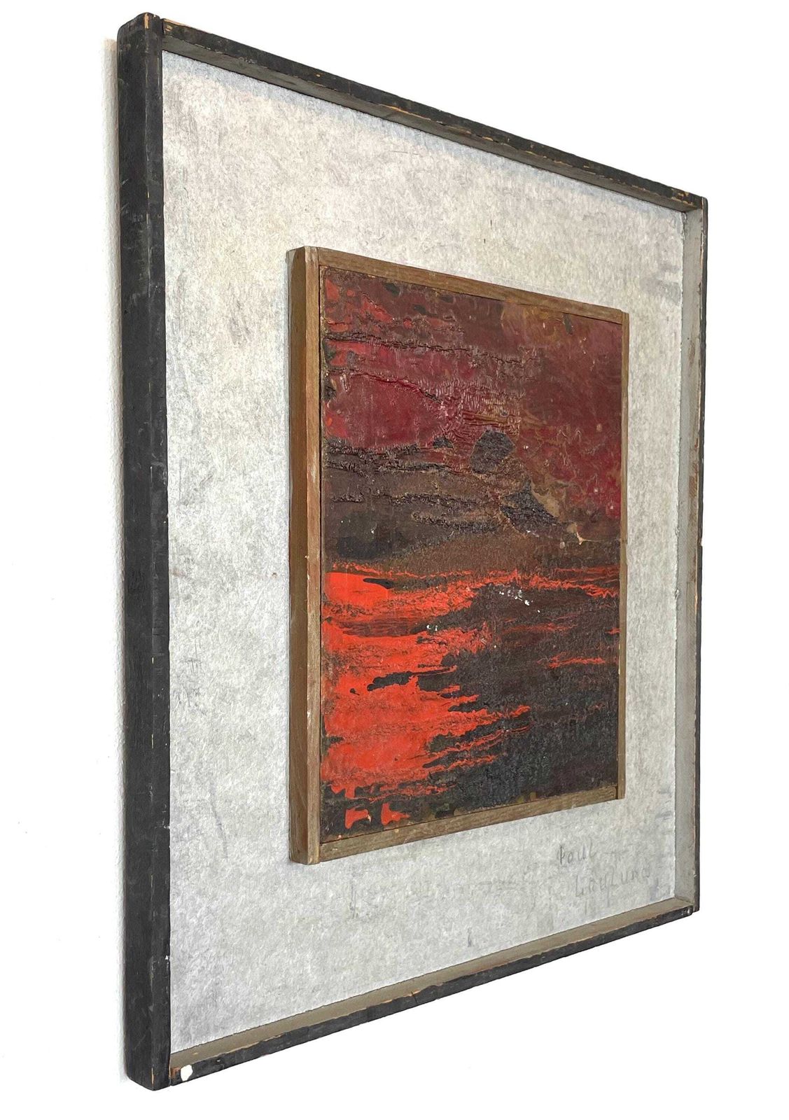 Abstract Original Danish Mid Century Oil On Plate Painting By Poul Laulund From The 1970s In Red Nuances And Silver Details photo vinterior