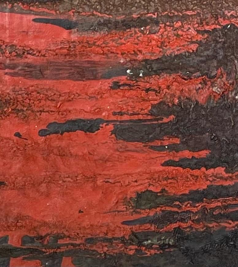 Abstract Original Danish Mid Century Oil On Plate Painting By Poul Laulund From The 1970s In Red Nuances And Silver Details photo buy