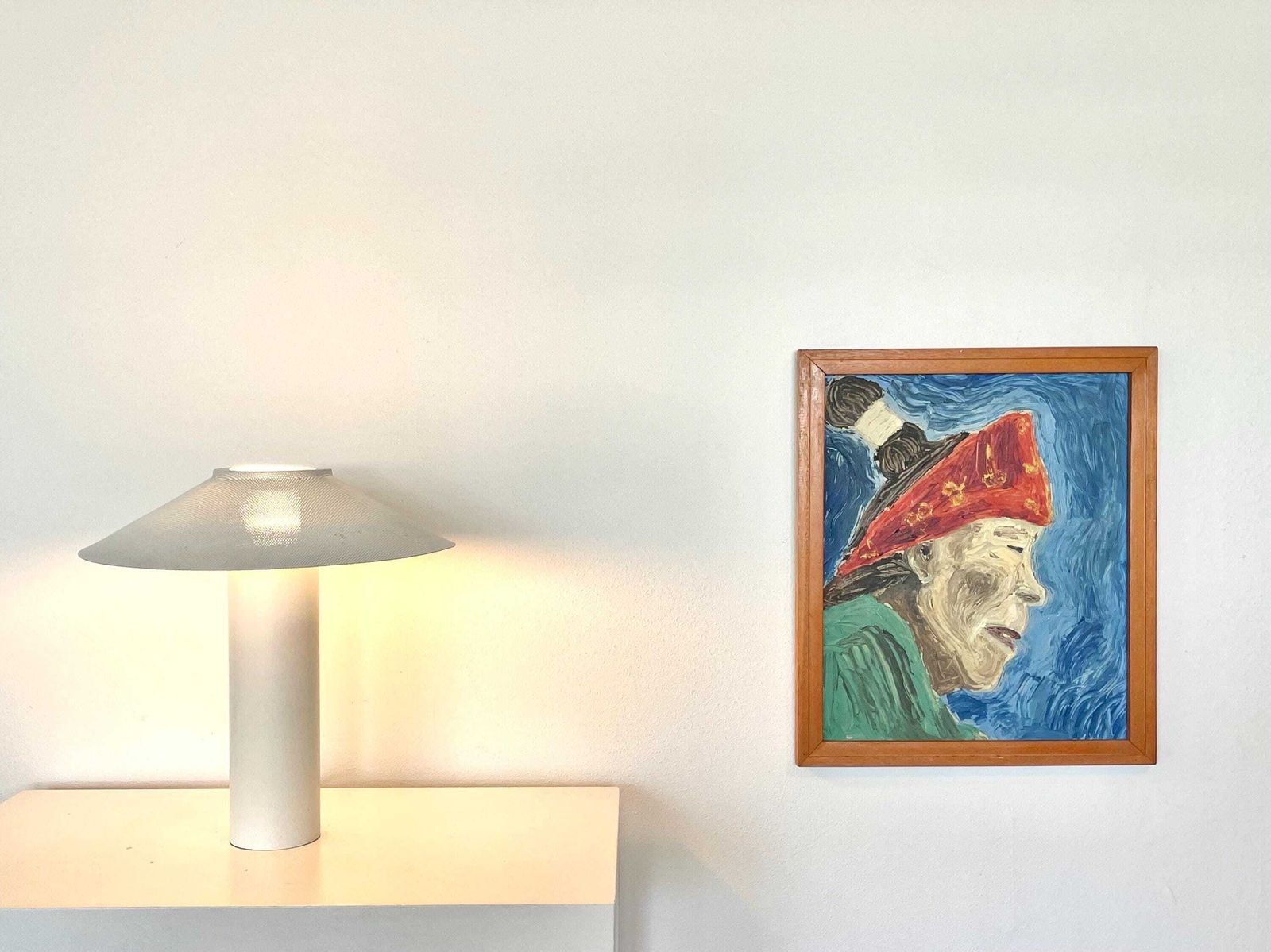 Unique Mid Century Expressionist Vintage Oil Painting From The 1970s With Portrait Motive In Strong Colours Framed In Wooden Frame photo furniture