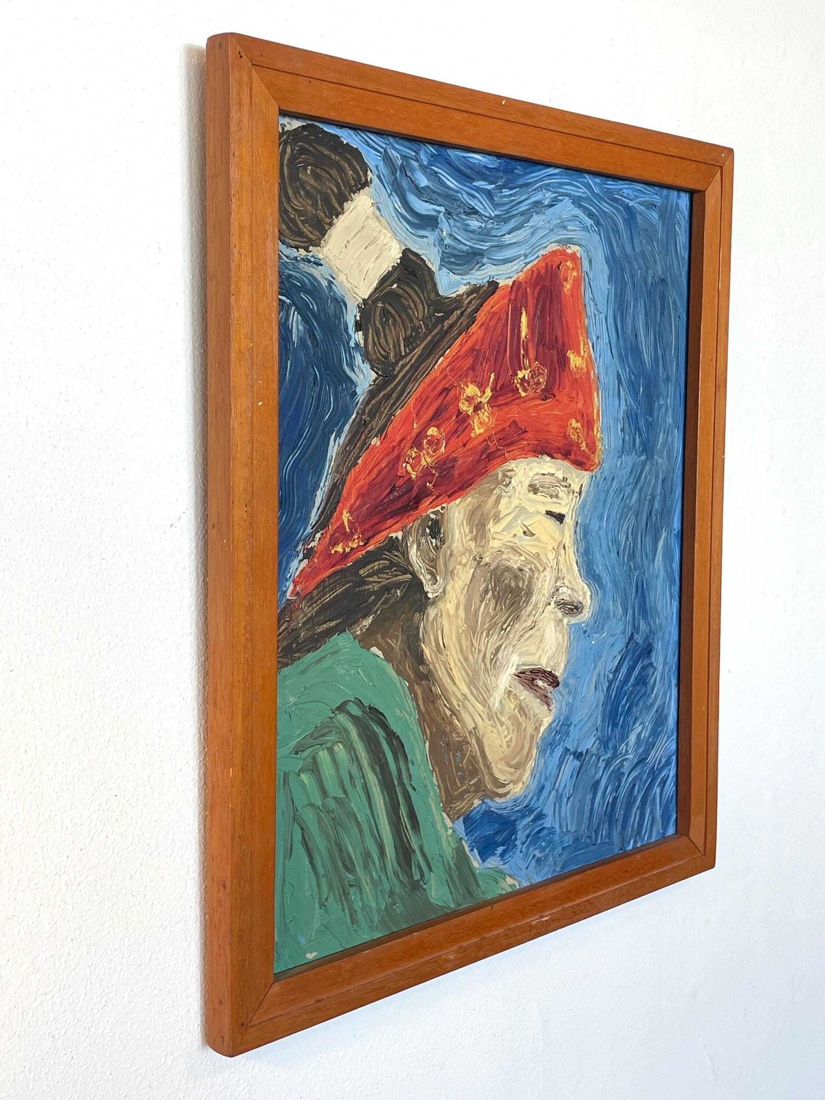Unique Mid Century Expressionist Vintage Oil Painting From The 1970s With Portrait Motive In Strong Colours Framed In Wooden Frame photo Art
