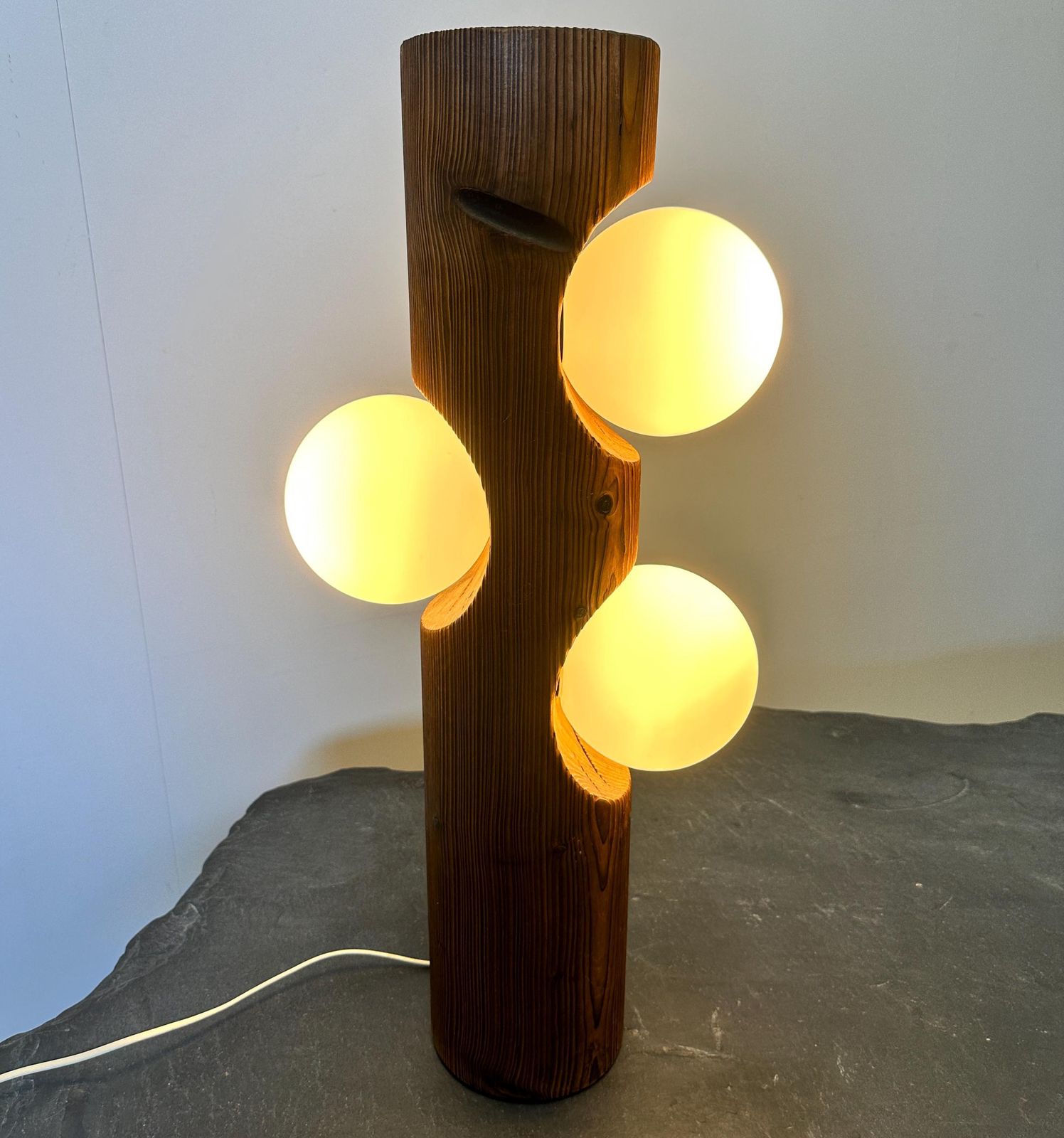 Brutalist Sculptural Pine Wood Table Or Floor Lamp By Temde Leuchten, Switzerland 1970s photo for sale