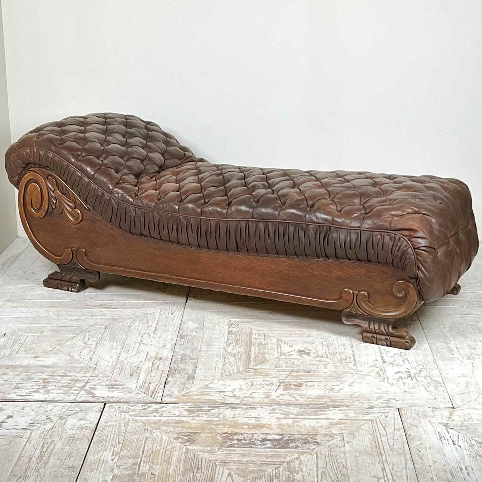Large French C19th Antique Tufted Brown Leather Chaise Longue photo for sale