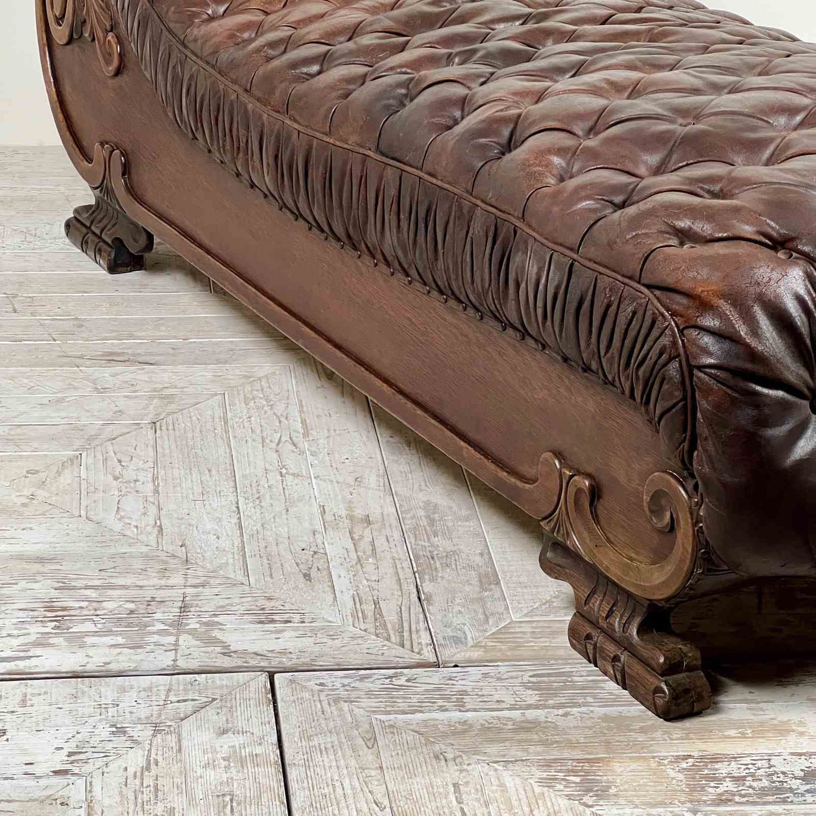 Large French C19th Antique Tufted Brown Leather Chaise Longue photo 2695.0
