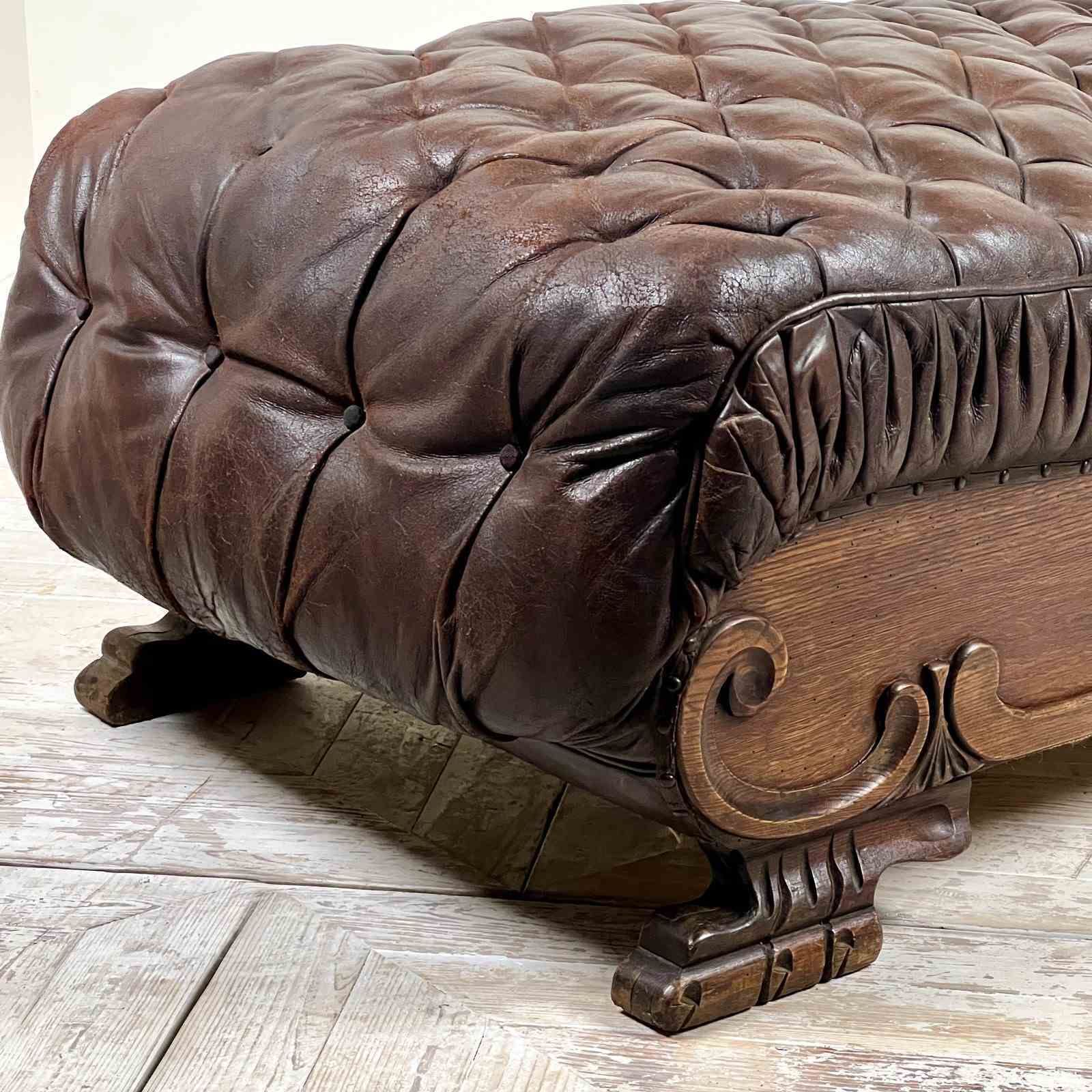 Large French C19th Antique Tufted Brown Leather Chaise Longue photo buy