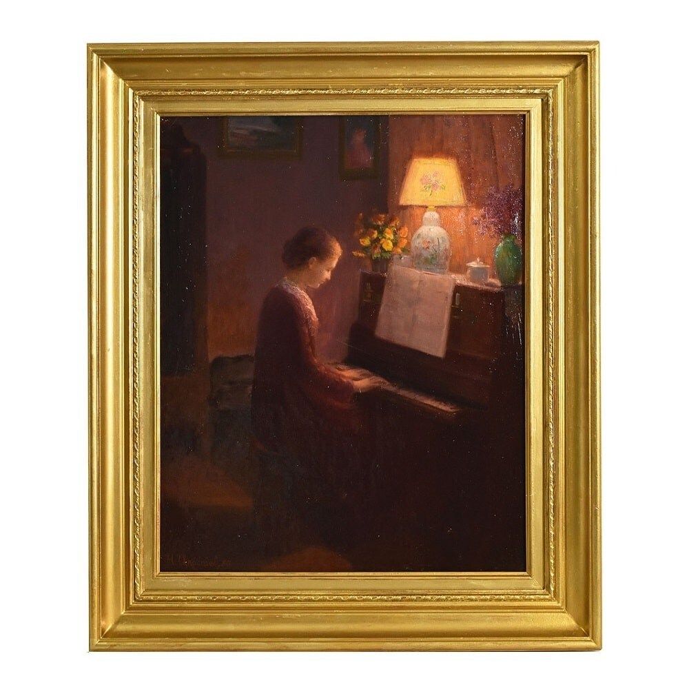 Antique Woman Portrait Painting, Young Woman Playing The Piano, Oil On Canvas, XX Century. (Qr574)