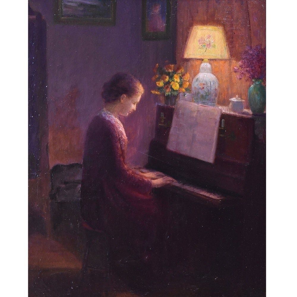 Antique Woman Portrait Painting, Young Woman Playing The Piano, Oil On Canvas, XX Century. (Qr574) photo furniture