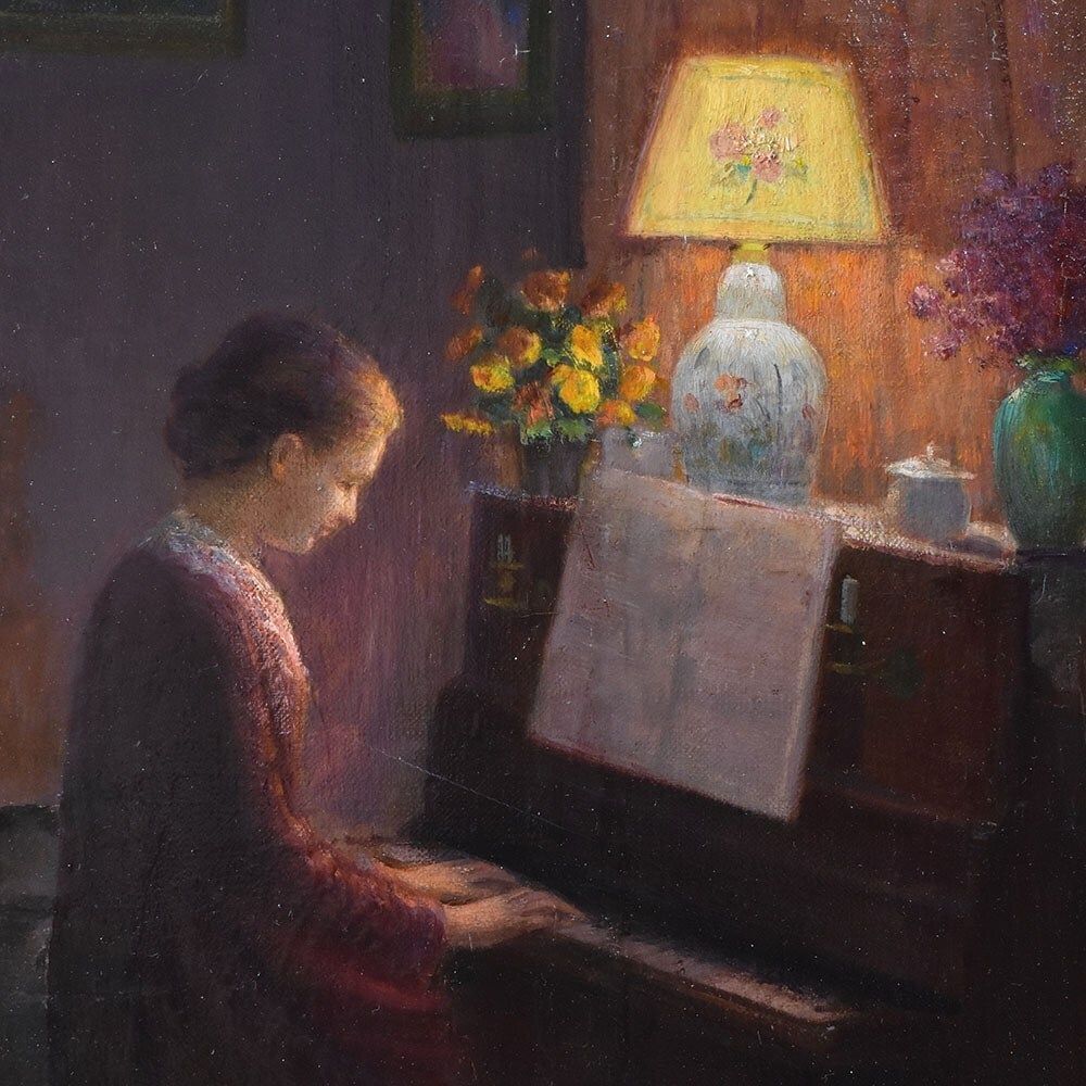 Antique Woman Portrait Painting, Young Woman Playing The Piano, Oil On Canvas, XX Century. (Qr574) photo for sale