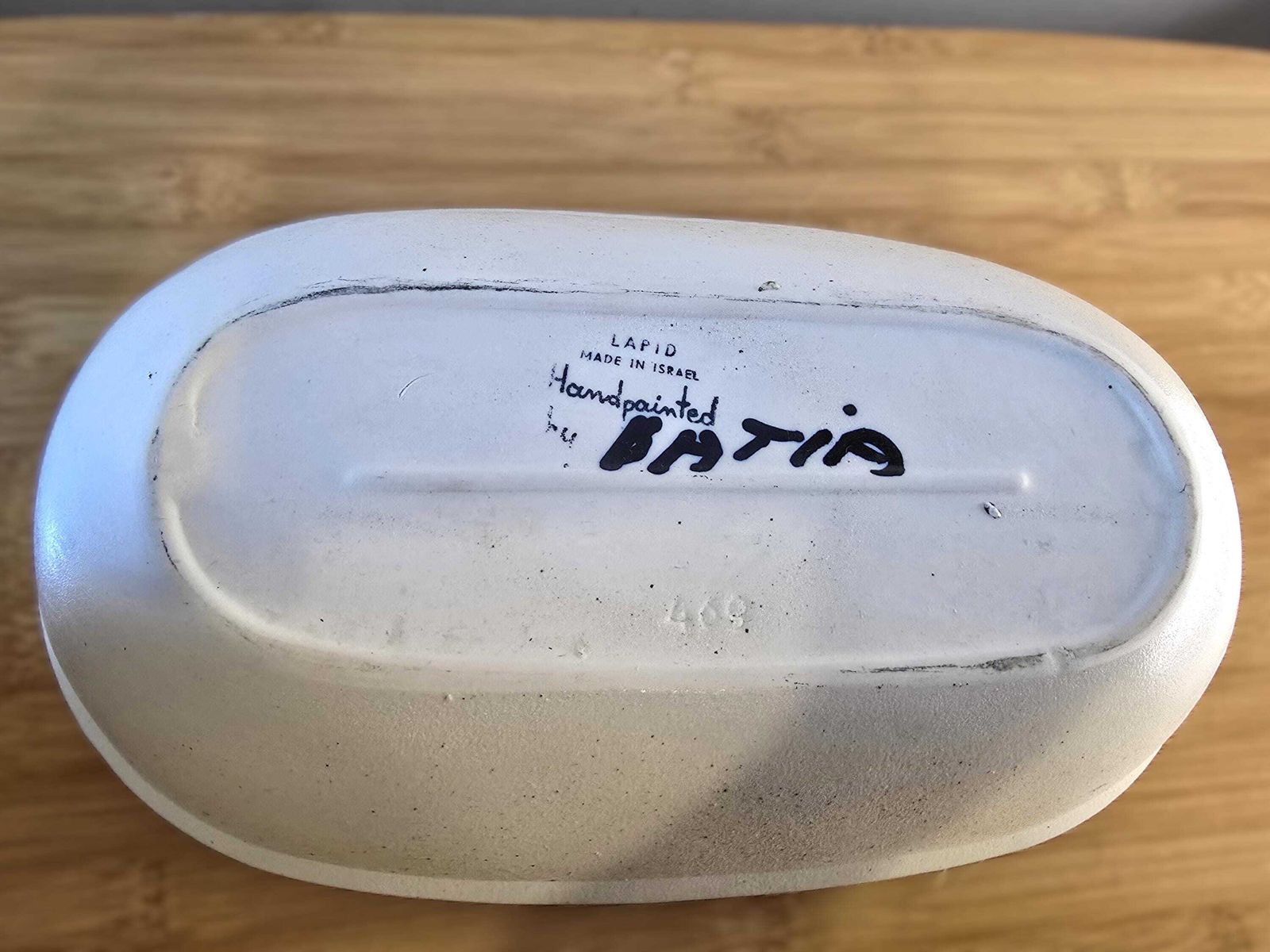 photo for sale Mcm Xl Stoneware Dish   Lapid Studio Pottery Israel Art Ceramic Bowl With Geometric Black And Orange Design Signed Batia