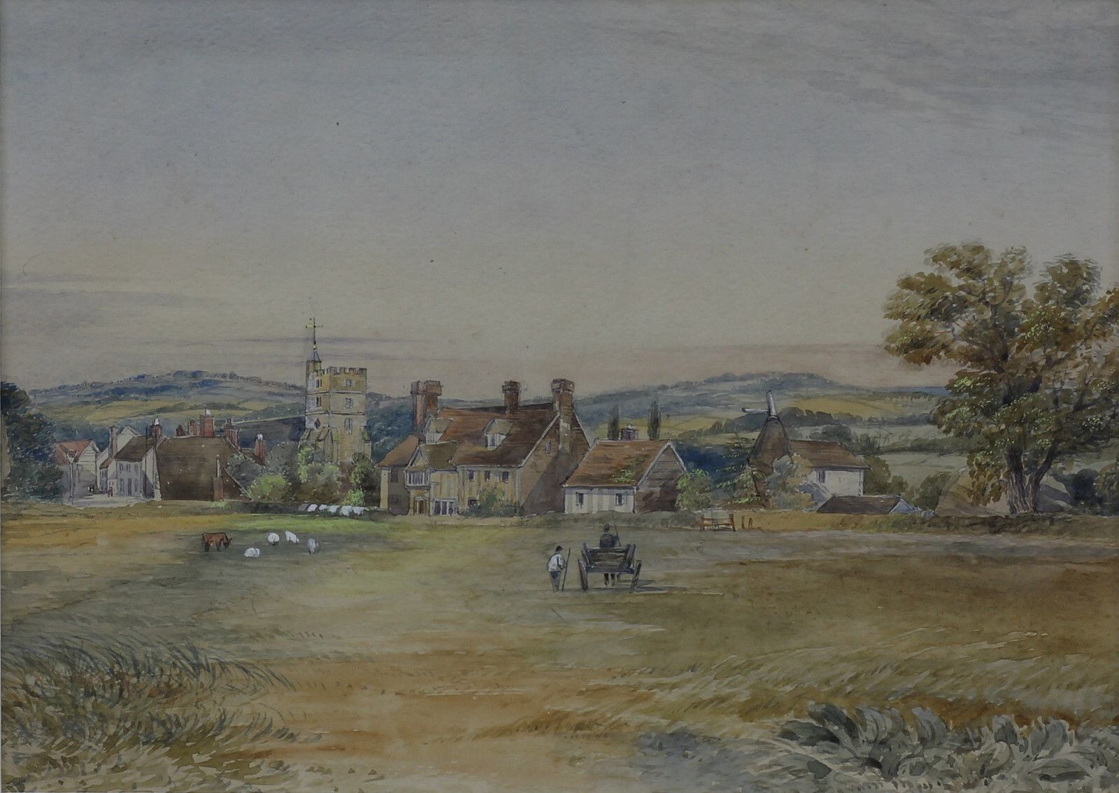 Unsigned Watercolour Of A Village In Kent With Oast House photo furniture