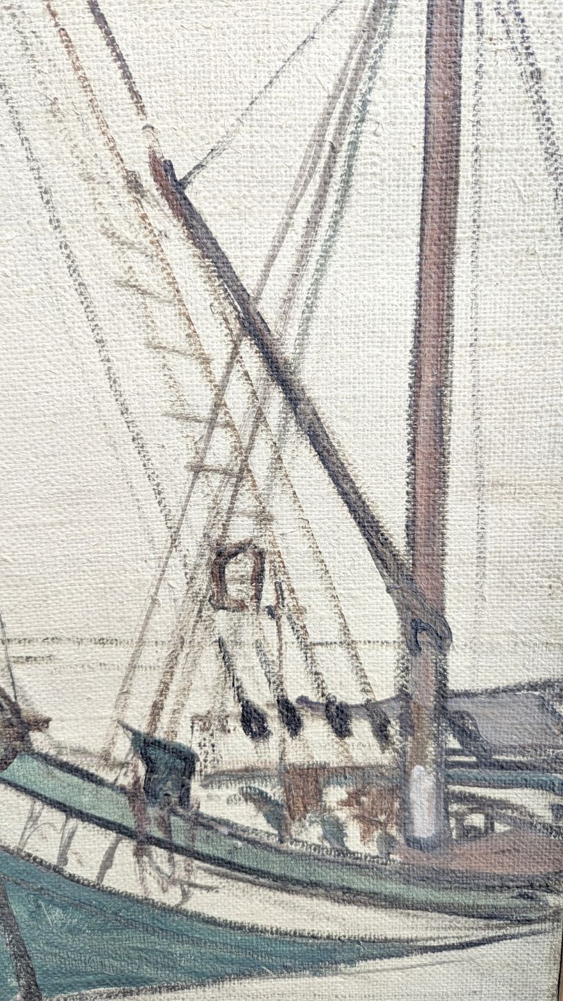 Sailboat In Port, Circa 1930 Oil On Canvas Signed Lower Right Willameur photo furniture
