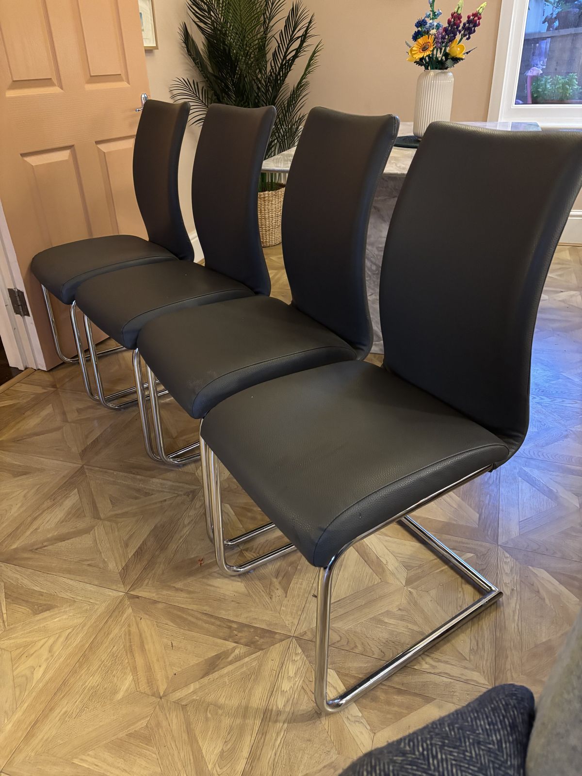 Cantilever Dining Chairs (X4) In Faux Grey Leather. photo furniture