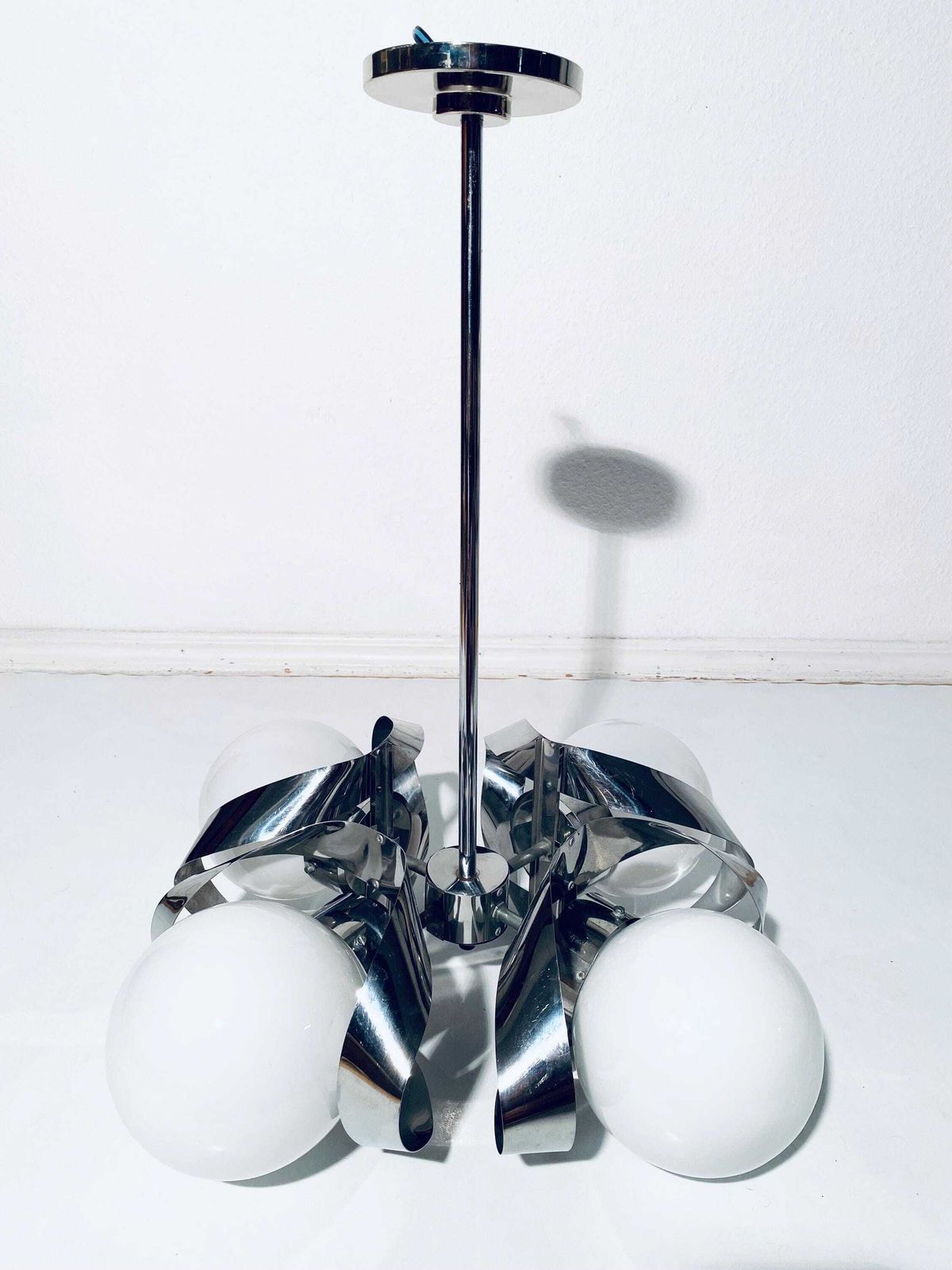 photo for sale 1960s Spectacular Swirl Ball Silver Metal Hanging Bulb Lamp Massive Leuchten / Vintage Space Age Decor