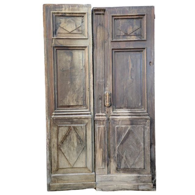 Pair Of Carved Wooden Doors With Molded Panels, Antique Ironwork – France, Louis XVI Period, Late 18th Century