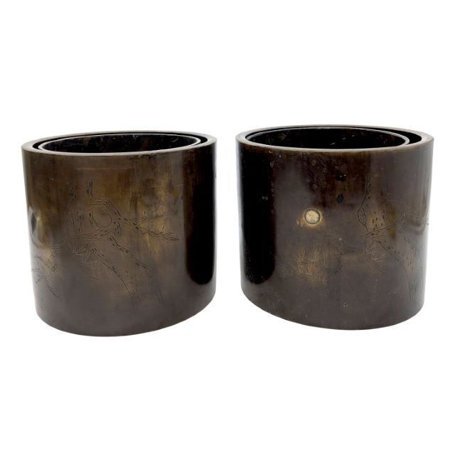Pair Of Chinese Patinated Bronze Brush Pots – Engraved Decoration Of Pine And Moon – China, Late Qing Dynasty