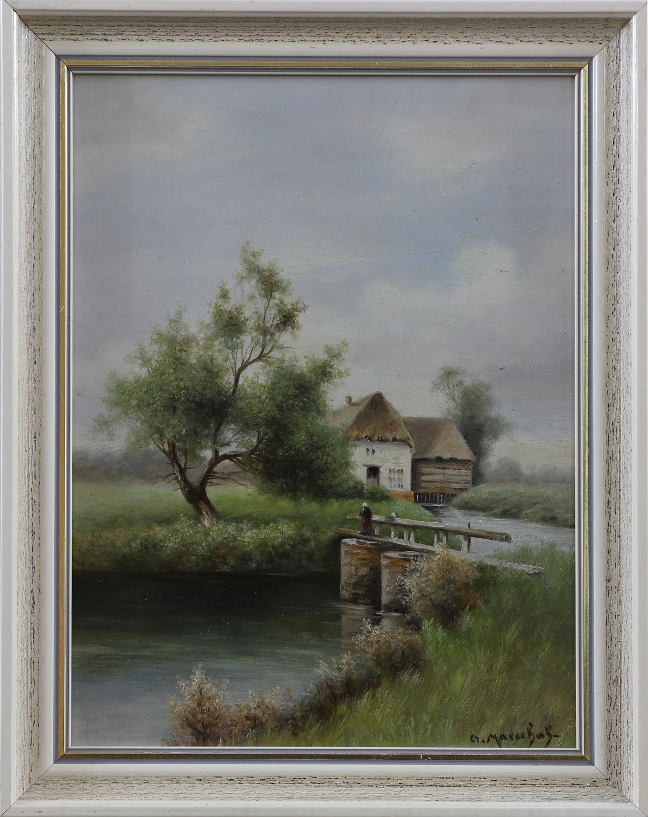 Oil On Board Signed G. Marechal. Cottage By A River photo Art