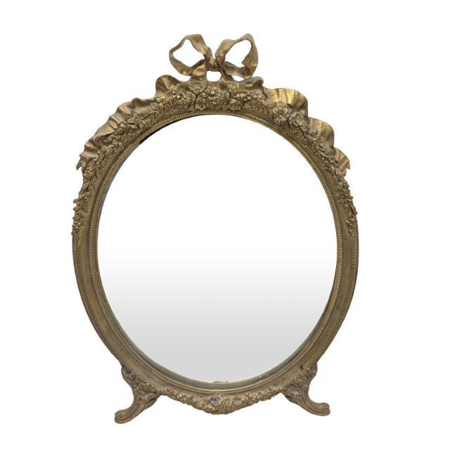 Louis XVI Style Oval Mirror In Gilded Bronze – Ribbon Bow Decoration And Floral Garlands – Late 19th / Early 20th Century