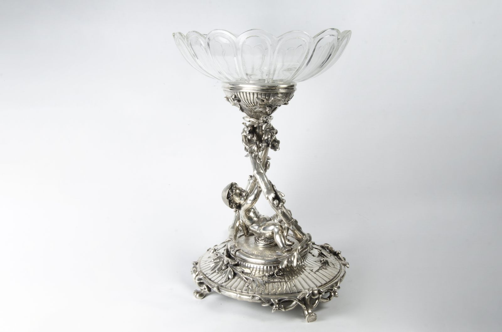 Late 19th Century Christofle Rococo Revival Silvered Metal Decorative Centerpiece Of Reclining Child With Baccarat Cut Crystal Compote Bowls, France photo 12750.0