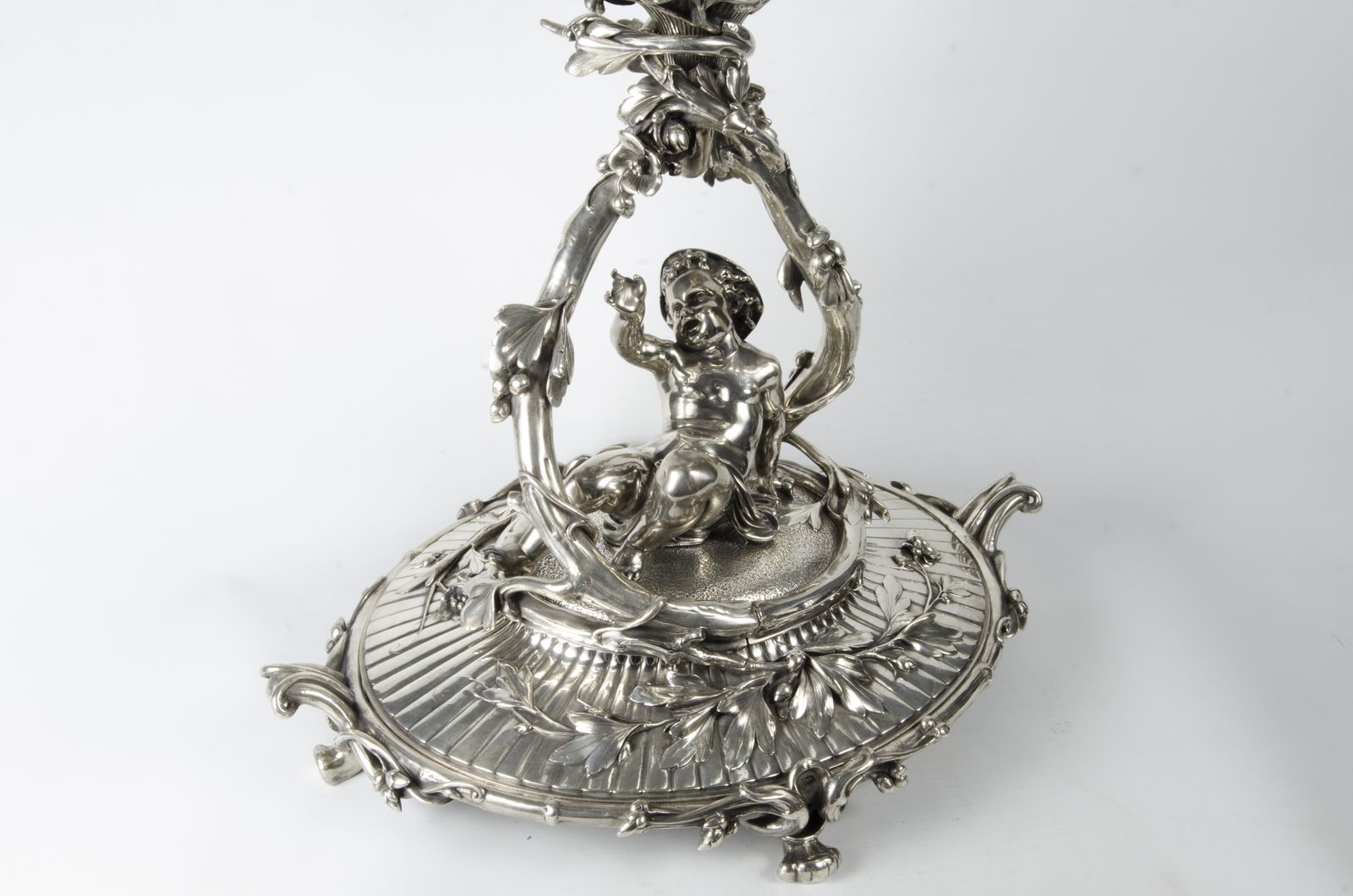 Late 19th Century Christofle Rococo Revival Silvered Metal Decorative Centerpiece Of Reclining Child With Baccarat Cut Crystal Compote Bowls, France photo vintage
