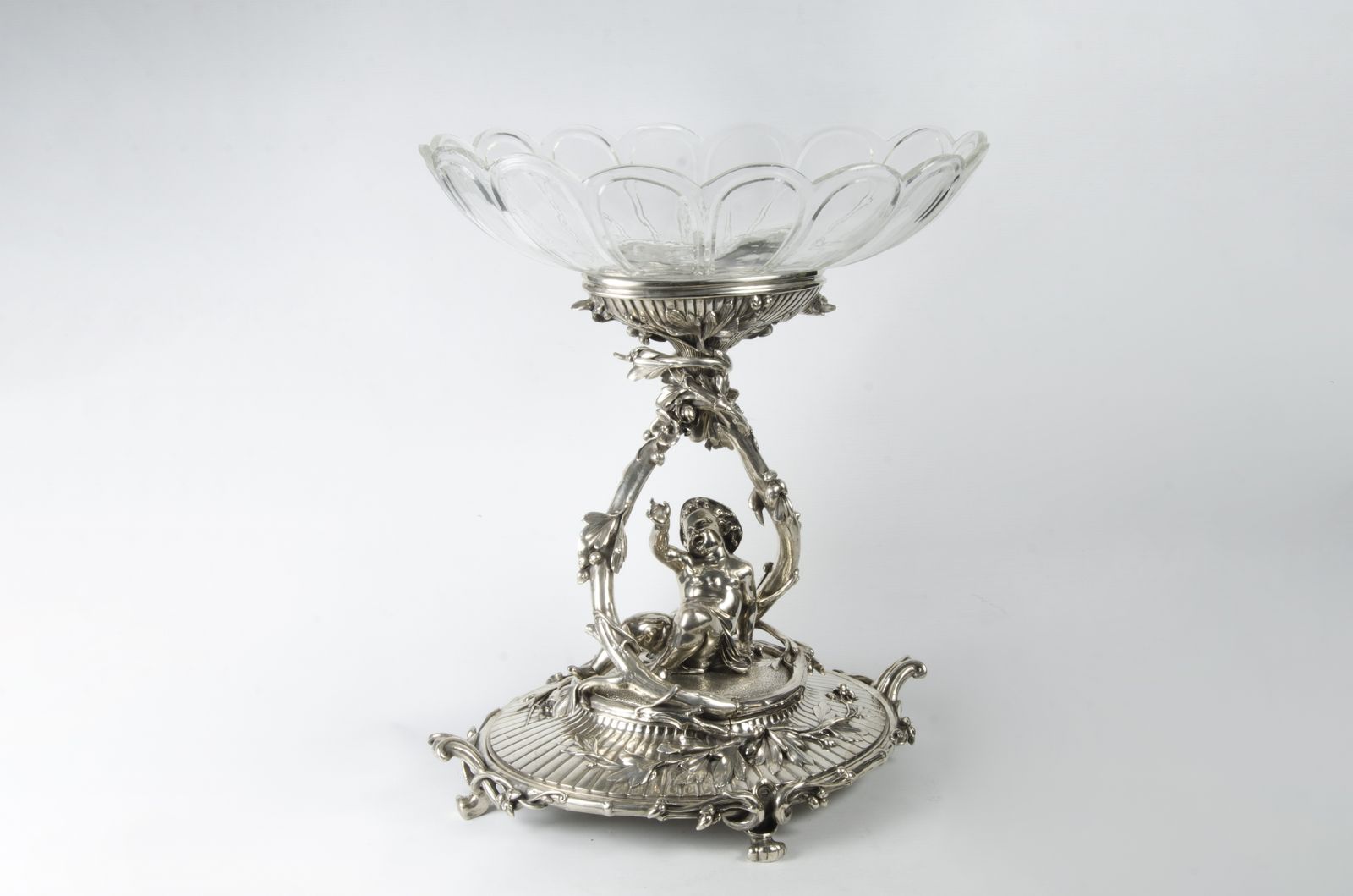 Home Decor Late 19th Century Christofle Rococo Revival Silvered Metal Decorative Centerpiece Of Reclining Child With Baccarat Cut Crystal Compote Bowls, France photo