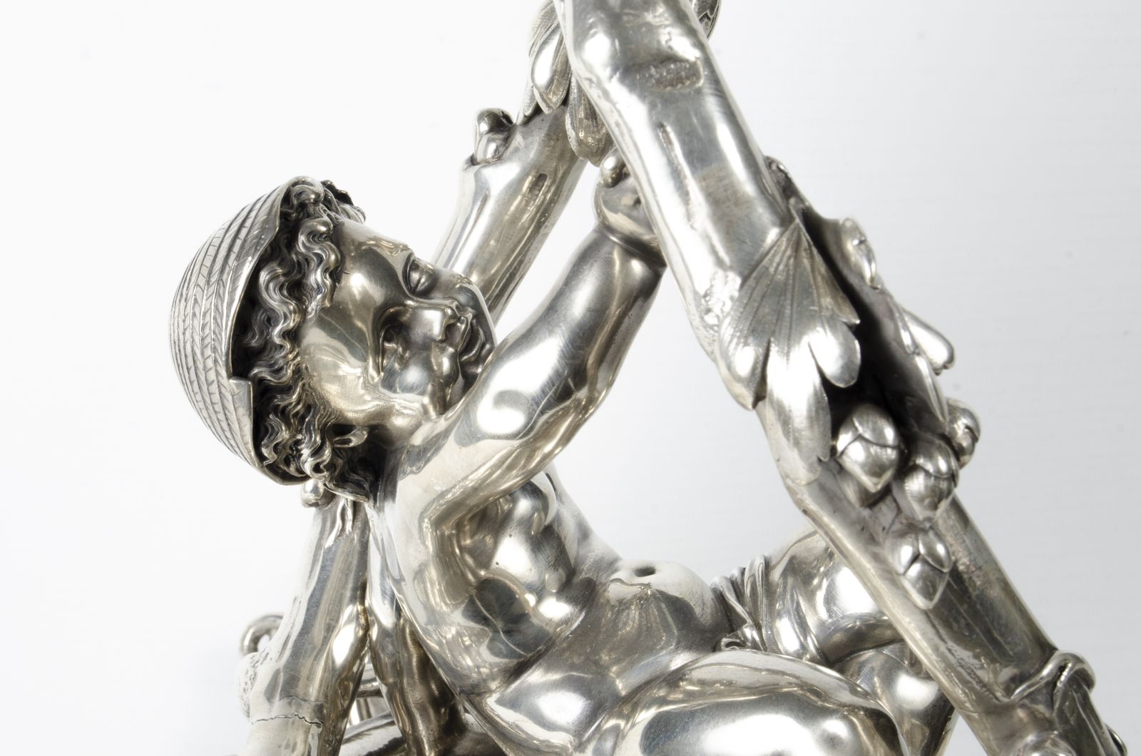 12750.0 Late 19th Century Christofle Rococo Revival Silvered Metal Decorative Centerpiece Of Reclining Child With Baccarat Cut Crystal Compote Bowls, France photo