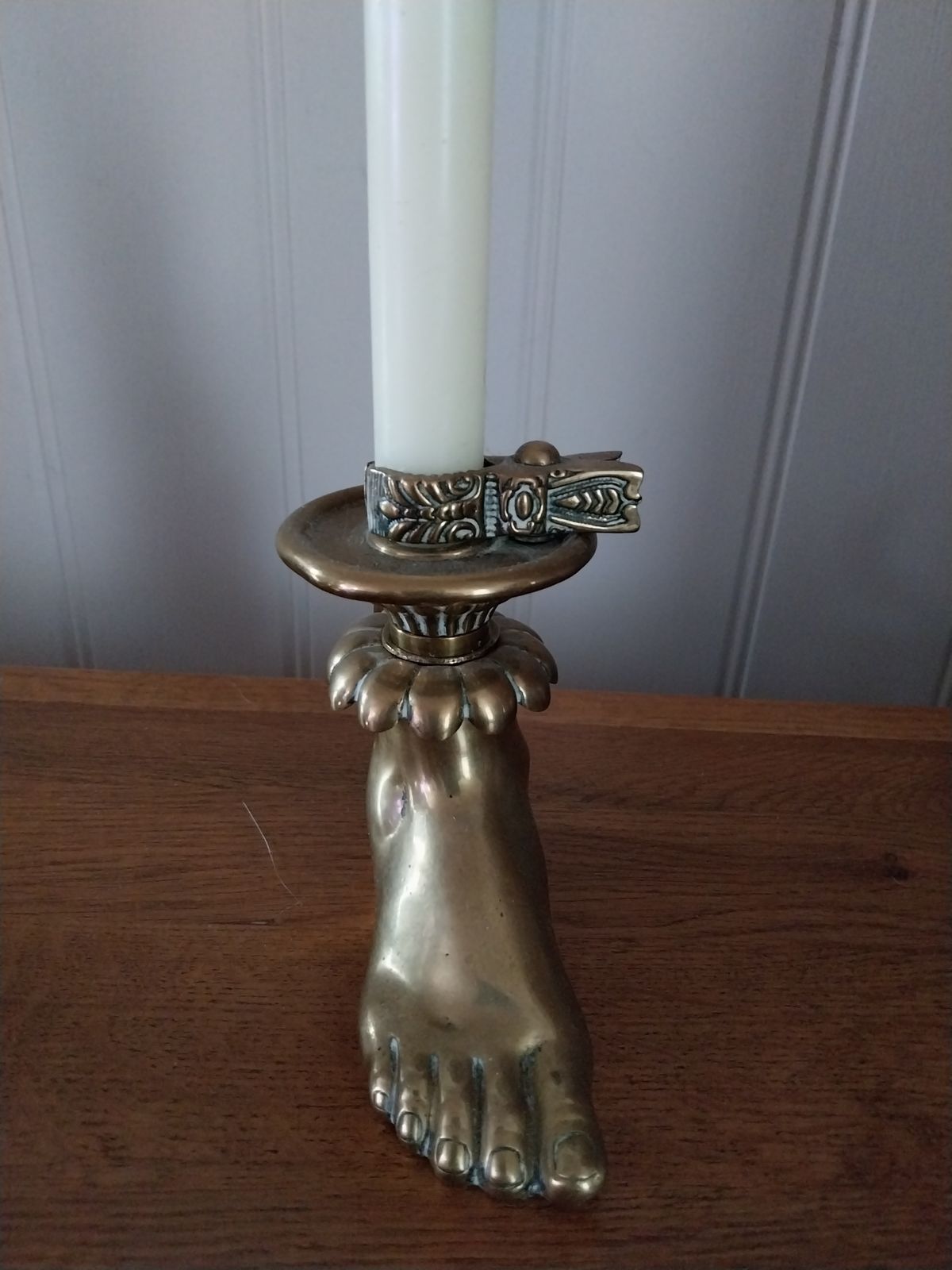 Rare Brass Candlesticks / Chamberstick In The Form Of A Foot. Randells Patent. 1896 photo for sale