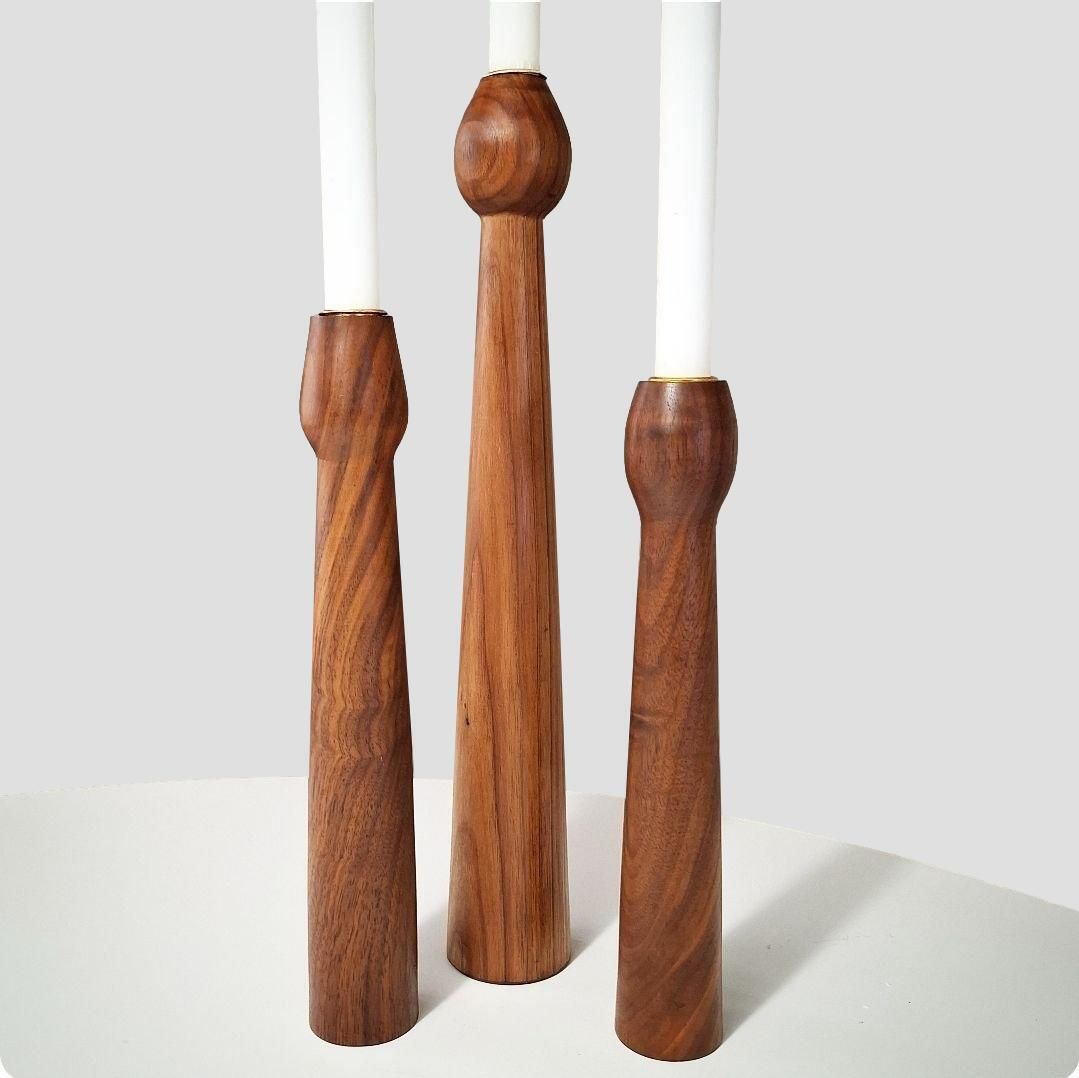 3 Scandinavian Teak Wood Candlesticks With Brass Inserts, Denmark, 1960s photo furniture