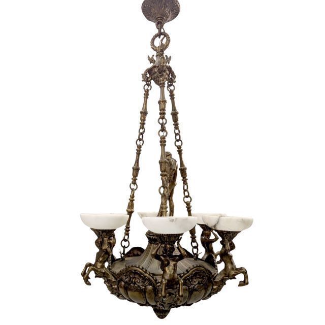 Monumental Chandelier In Patinated Bronze And Alabaster – Mythological Decor
