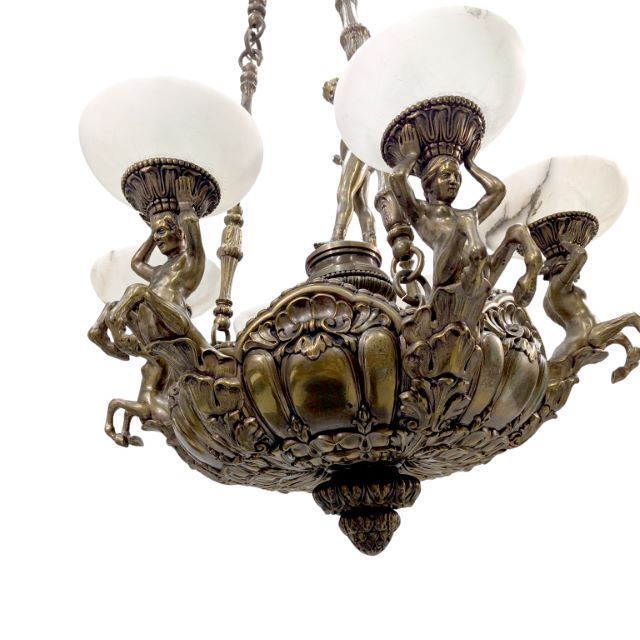 Monumental Chandelier In Patinated Bronze And Alabaster – Mythological Decor photo Lighting
