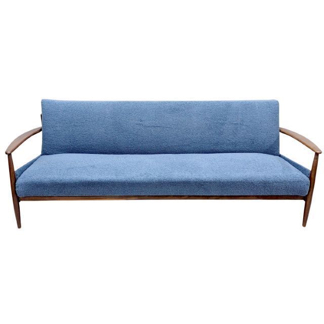 Vintage Scandinavian Bentwood Sofa Bed In Blue Bouclé Fabric   1960s