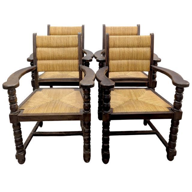 Series Of 4 Armchairs In Turned Wood And Straw By Charles Dudouyt photo furniture