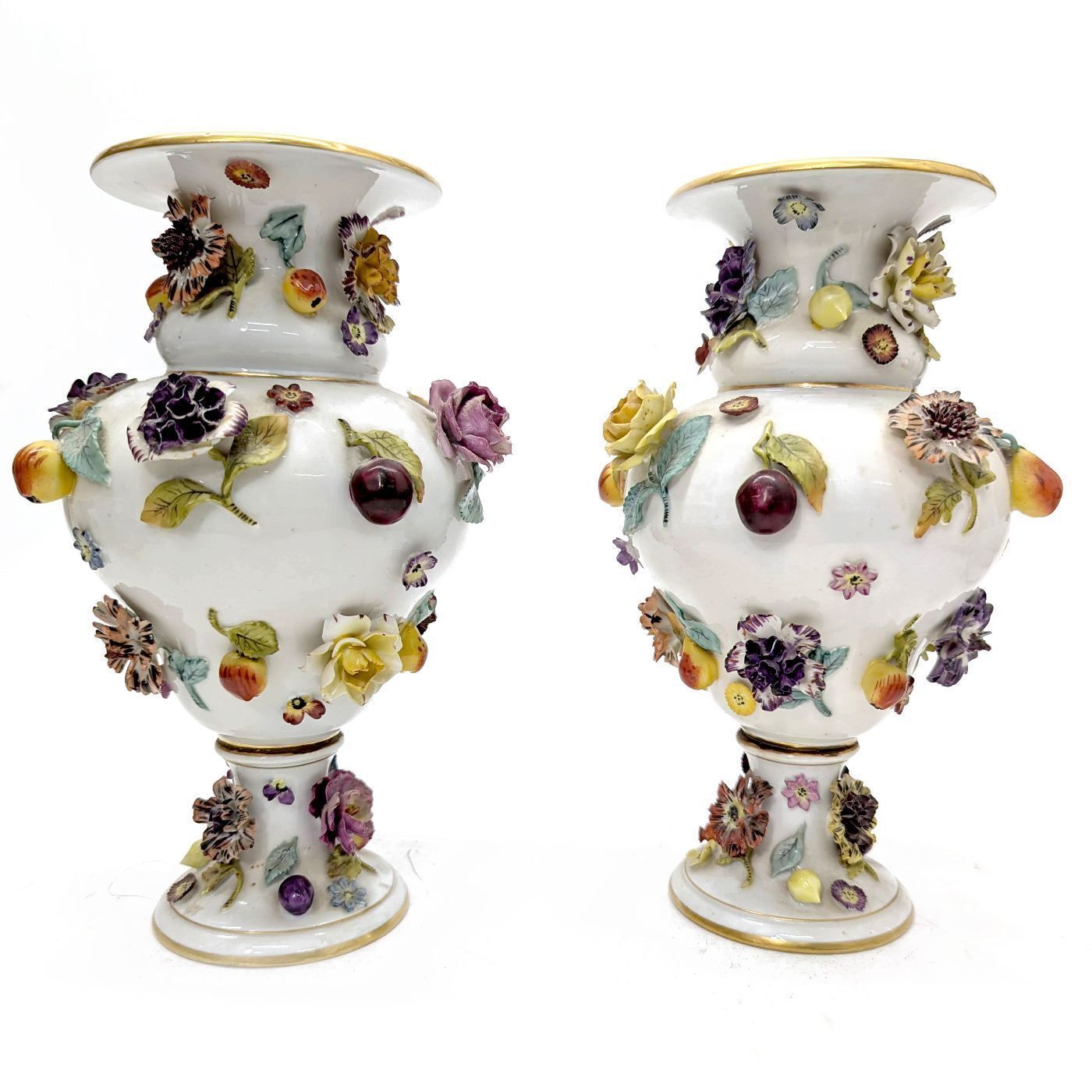 19th Century Saxon Porcelain Flower And Fruit Vases (Pair)