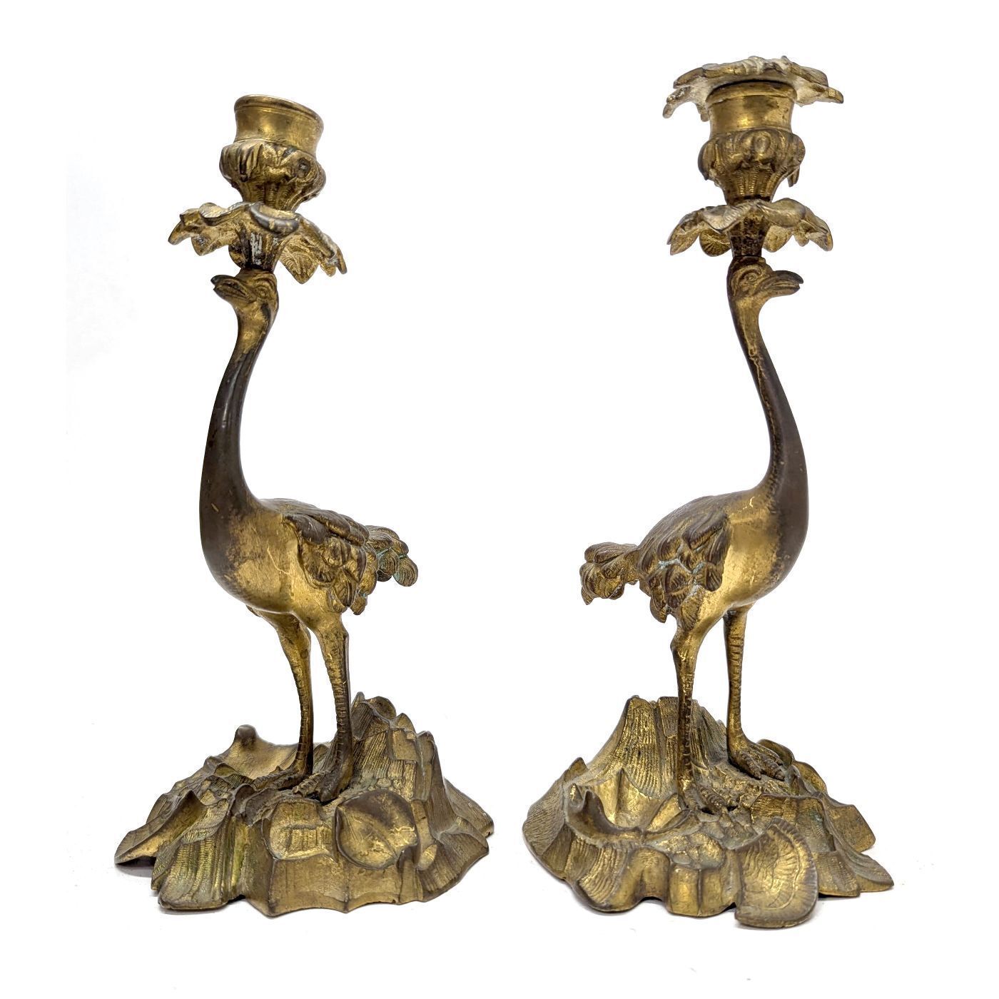 Pair Of 19th Century Gilt Bronze Candlesticks With Ostriches photo Home Decor