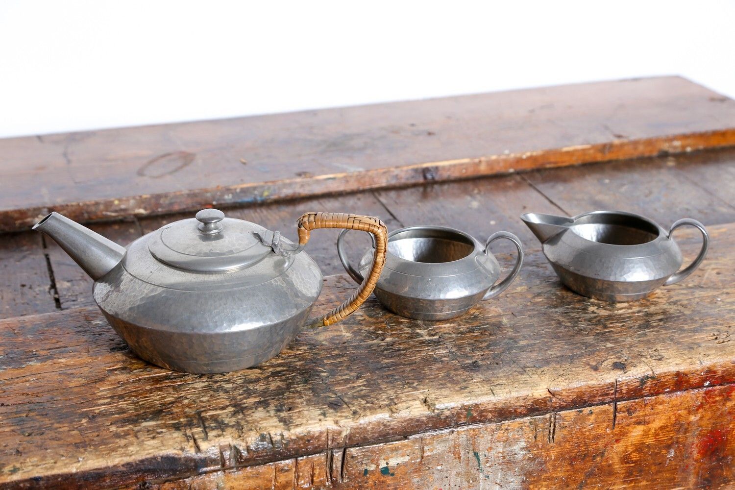 Liberty Tudric Pewter Tea Set 3 Piece Teapot, Sugar Bowl, Creamer, Arts & Crafts