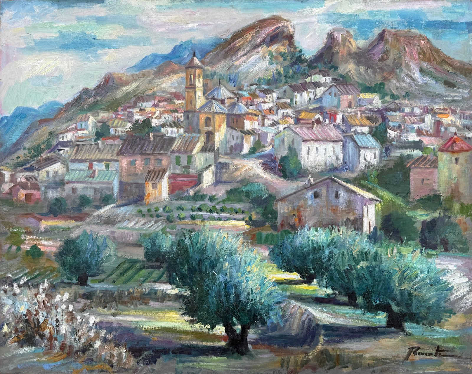 Antonio Reverte View Of Village With Olive Groves And Mountains Mediterranean Landscape Spain C.1975