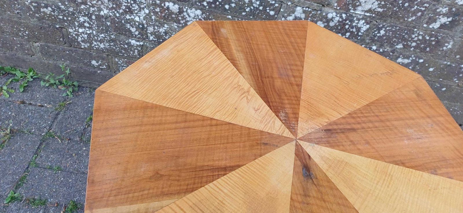 Art Deco Handcrafted Wooden Pedestal Table – Octagonal Sunburst Veneer Top, Vintage Side Or Display Table Free Hand Delivery photo vinterior
