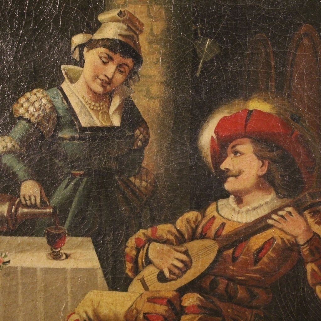photo vintage Italian Painting Interior Scene With Musician Oil On Canvas