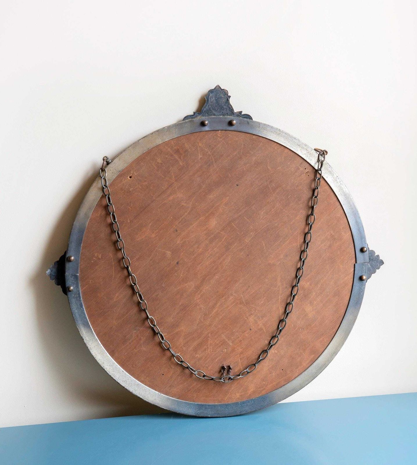 Art Deco Mirror With Hanging Chain   Antique Silver Round Wall Mirror   Beveled Glass   1930s Design   Gothic Revival photo vinterior