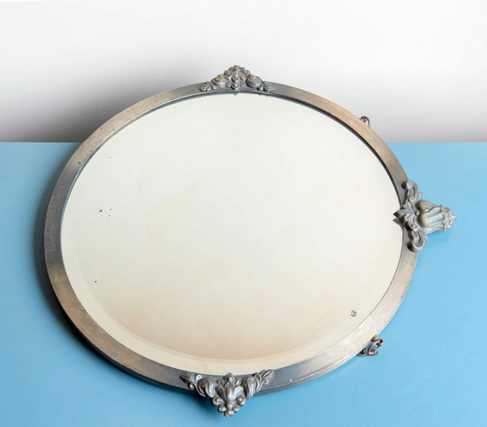 Art Deco Mirror With Hanging Chain   Antique Silver Round Wall Mirror   Beveled Glass   1930s Design   Gothic Revival photo buy